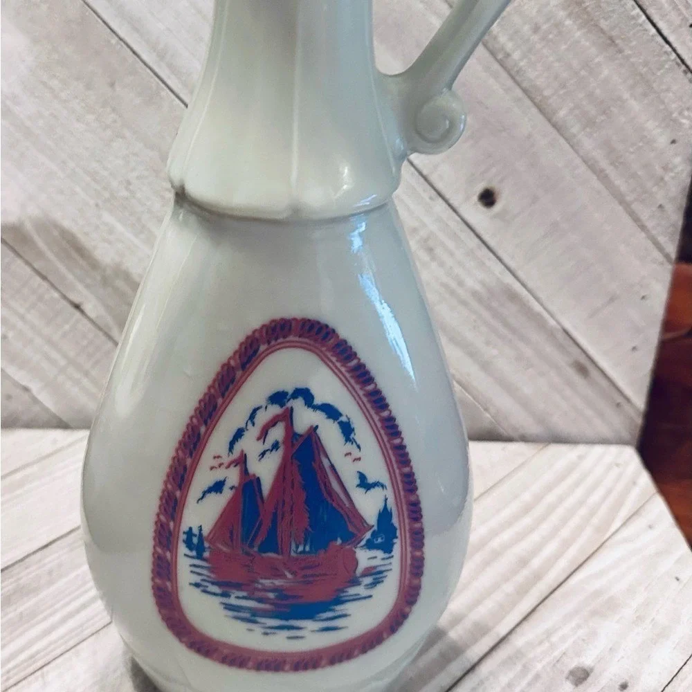 Vintage Milk Glass Decanter Sailboat Windmill Nautical White Pitcher Bottle 9.5